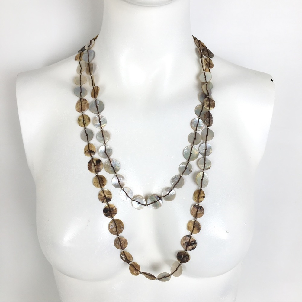 Woman’s Shell Disk Boho Necklace Single Strand Long Length Iridescent Beaded